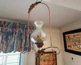 Vintage Copper and Glass Hanging Oil Lamp