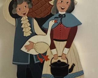 Vintage HandPainted Wooden Pilgrim Couple Wall Plaque with Quote