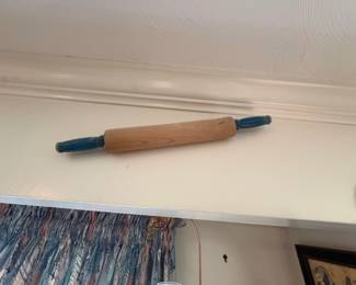 Vintage Wooden Rolling Pin with Blue Chippy Handles