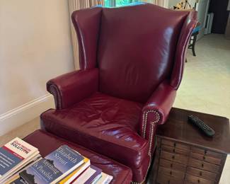 Burgundy H & M Leather Wing Chair w/ Ottman