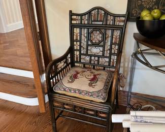 Pr. William Laman Garden Chair in Brighton Pavilion style Black Bamboo Chairs with removable Monkey pattern Needlework Pillows
