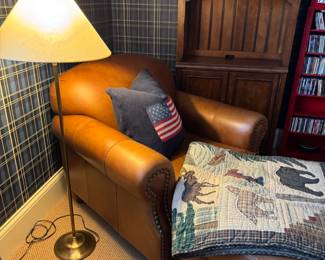 Leather Chair w/ Ottoman, Floor Lamp, RL Pillow