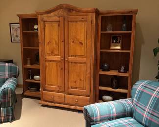 Pine TV Armoire and Side Shelves