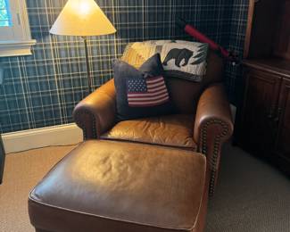 Leather Chair w/ Ottoman , Floor Lamp. RL Pillow