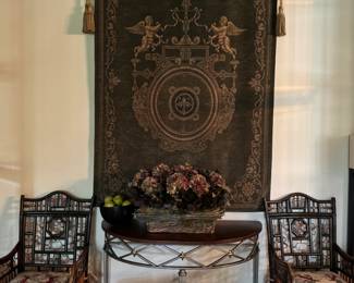 Large Hanging Tapestry , , Demilune Wood on Metal Console Table