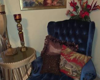 Blue Velvet Wingback Chair - Side Table -
