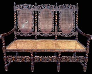 English Carved Bench with Cane Seat & Back