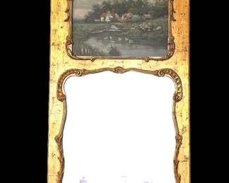 Gilt Wood Frame Trumeau Mirror with Oil Painting of Landscape