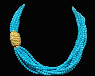 Tiffany & Co. Multi Strand Kingman Turquoise Bead Necklace with 18k & Diamond Barrel Clasp