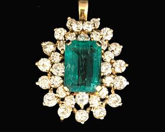 Emerald Cut Columbian Emerald with Diamond Surround Pendant 14k Gold Setting