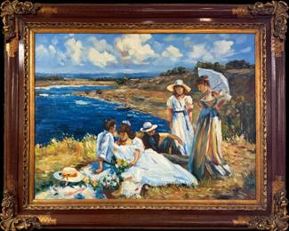 Original Oil on Canvas Neo-Impressionistic Seaside Picnic, Signed