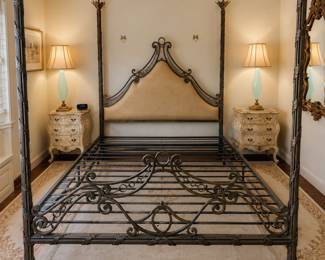 Bed frame- $900 Elegant Four-Poster Metal Bed Frame Stunning four-poster metal bed frame featuring tall decorative posts, ornate leaf detailing and beautiful scrollwork throughout. A substantial, high-quality statement piece with timeless European/Neoclassical styling. Excellent condition and absolutely gorgeous in person. (208)870-9295 call if interested.