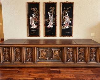 Vintage 1969 Handcrafted Stereo Console – One of a Kind  Beautiful, custom-built wooden stereo console handcrafted by Peter Tensen in 1969 specifically to house the family’s music stereo. The the record player and cassette player turned on, however it does need some work.  This is a substantial statement piece with gorgeous carved wood detailing, including a unique center panel featuring classical composers and musical notes. The hinged top opens to reveal a Garrard Synchro-Lab 95B turntable, along with storage for records and other audio components. A Realistic cassette player and some vintage music/media are also currently housed inside.  The craftsmanship on this piece is truly special—you won’t find another one like it. Perfect for a vintage audio enthusiast, collector, or someone looking for an incredible conversation piece.  Very heavy and substantial. Buyer will be responsible for loading.