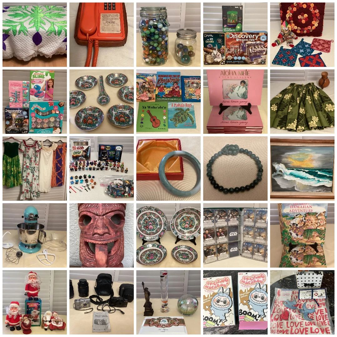 TERRIFIC TREASURES IN MILILANI CTBids Online Auction • Bidding Ends 09/09/26 • Pickup 09/11/26 TERRIFIC TREASURES galore! The auction features vintage Hawaiian quilts, toys, puzzles, trading card sets including Pokemon, vintage Chinese porcelain rose medallion pieces, Hawaiian children's books, fine jade bangles, original artwork, ceramic ware, household goods, vintage comics, cameras, bags, vintage clothing including mu'umu'u, Lego and so much more!Happy treasure hunting!