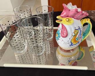 TTM310 - Vintage Italian Rooster Pitcher, Polka Dot Glasses, & Tray