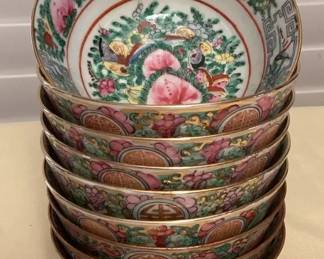 TTM033 Set Of Nine Chinese Rose Medallion Porcelain Soup/Rice Bowls