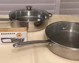 TTM110 Two Large Stainless Steel Saucepans With Lids & Knife Sharpener 