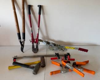 Lot of tools $35 -garden shears -bolt cutters -come along - 2x sledgehammer -3x “Pony” clamps -2x Bessey Bar Clamps