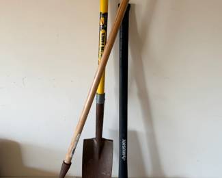 Lot of garden tools $25 Husky pick axe Shovel Ames 60” rake
