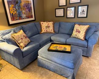 Custome Calico Sectional in French Blue ( 87" x 91" approx.) w/ matching ottoman & custom pillows