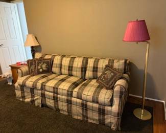 Custome Carlyle Queen Sofa Bed, Brass lamp w/ pleated red shade