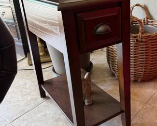 Wooden side table with drawer and shelf for books, remotes, etc.