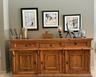 Rustic Mexican pine server, Beverly Brown New York prints above