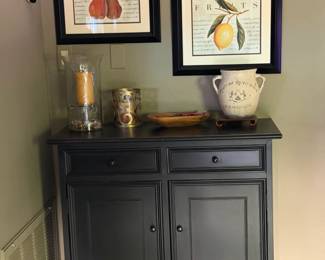 Black Storage Cabinet w/ crown molding, From the "Natural History Fruits: collection, double-matted prints feature fruit surrounded by elegant cursive script, Vintage French Country "Demeure du Vigneron" Ceramic Wine Vase