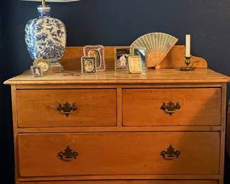 Antique solid pine chest of drawers, Vintage Chinoiserie blue and white ceramic ginger jar lamp w/ linen shade