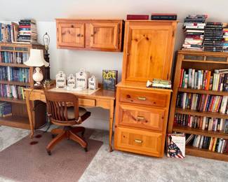 Library desk and book shelves
