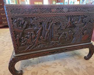 Antique, carved chest, back view