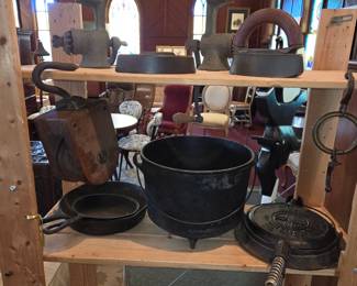assorted cast iron frying pans & others