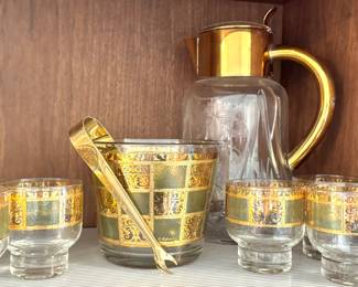 Culver Valencia Green & 22K Gold Barware Set with Ice Bucket, Glasses & Tongs