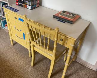 Thomasville Faux Bamboo Yellow Lacquer Writing Desk with Matching Chair & File Cabinet