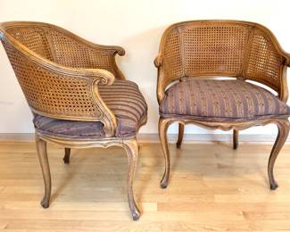 French Louis XV Style Walnut Cane-Back Dining Chairs with Floral Upholstery, Set of 6 Including 2 Armchairs