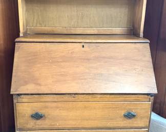 Traditional Maple Drop-Front Secretary Writing Desk with Three Drawers & Open Bookcase Hutch