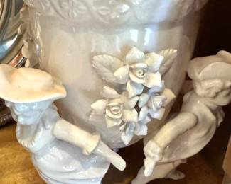 Capodimonte-Style White Porcelain Figural Centerpiece Planter with Applied Roses & Two Figures