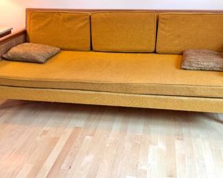 Mid-Century Modern Walnut & Cane Convertible Sleeper Sofa in Mustard Upholstery