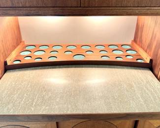 Mid-Century Modern Danish Walnut & Cane Credenza Hutch with Lighted Slide Out, Drop-Front Bar Cabinet,