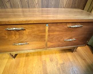 Lane Mid-Century Modern Walnut Cedar-Lined Hope Chest Storage Bench with Brass Hardware