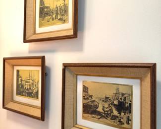 Set of 3 Framed Harbor & Maritime Etchings with Linen Mats