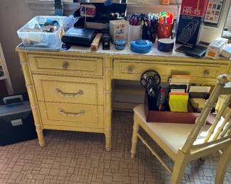 Bamboo-style writing desk, bamboo-style desk chair, Casio HR-15 mini printing calculator, desktop organizer, desk lamp, office supplies, pens and markers, scissors, tape, stapler, file box