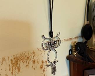 Silver-Tone Figural Owl Pendant Necklace on Black Cord