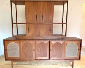 Mid-Century Modern Danish Walnut & Cane Credenza Hutch with Lighted Drop-Front Bar Cabinet