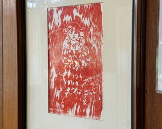 Red Figural Woodblock / Linocut Print of Seated Victorian Woman in Wood Frame