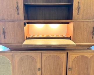 Mid-Century Modern Danish Walnut & Cane Credenza Hutch with Lighted Drop-Front Bar Cabinet