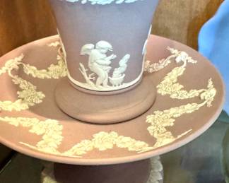 Wedgwood Jasperware Lavender & White Cherub Motif Vase with Matching Pedestal Compote