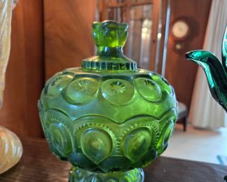 L.E. Smith "Moon and Stars" Green Glass Compote with Lid