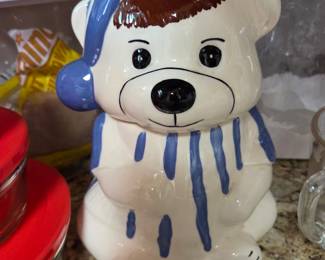 Vintage Ceramic Polar Bear Cookie Jar – Blue Striped Pajamas & Nightcap