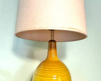 Mid-Century Modern Mustard Yellow Ribbed Glazed Ceramic Table Lamp with Tall Drum Shade